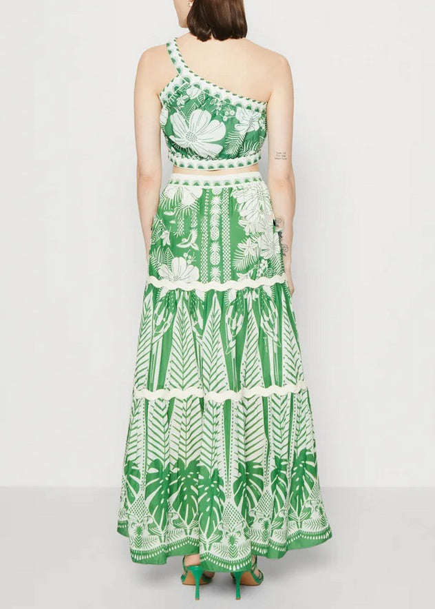 Green Shoulder Two Pieces Top And Skirts Italian One Maxi Print FashionChic