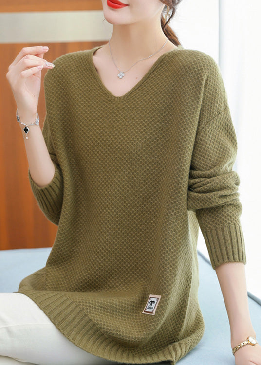 Italian Green V Neck Button Patchwork Woolen Sweaters Winter RL037 ABC