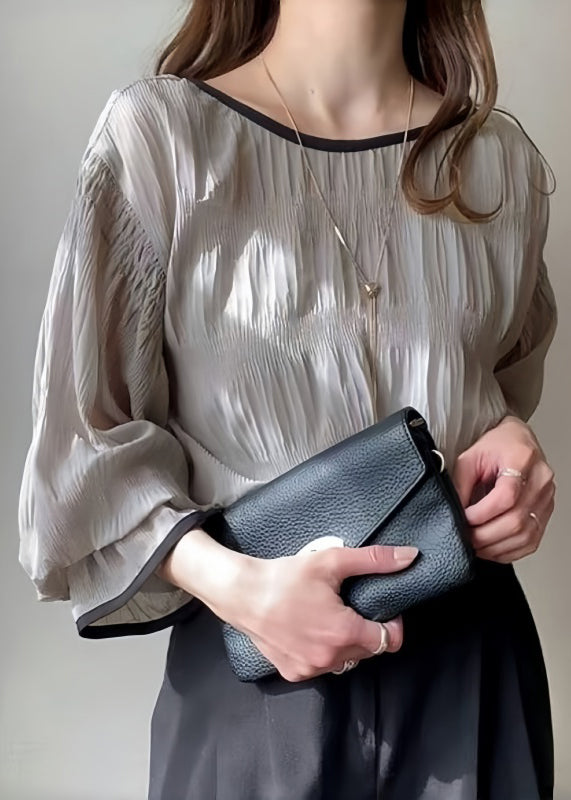 Tops Grey Chiffon Wrinkled Puff Oversized Sleeve Italian FashionChic