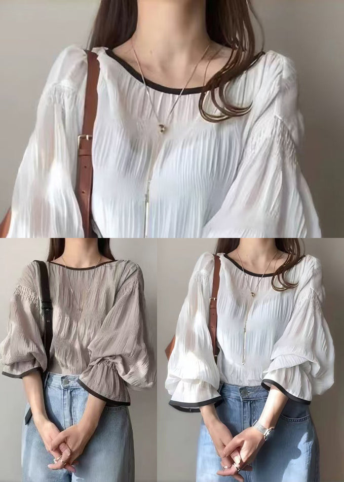 Tops Grey Chiffon Wrinkled Puff Oversized Sleeve Italian FashionChic
