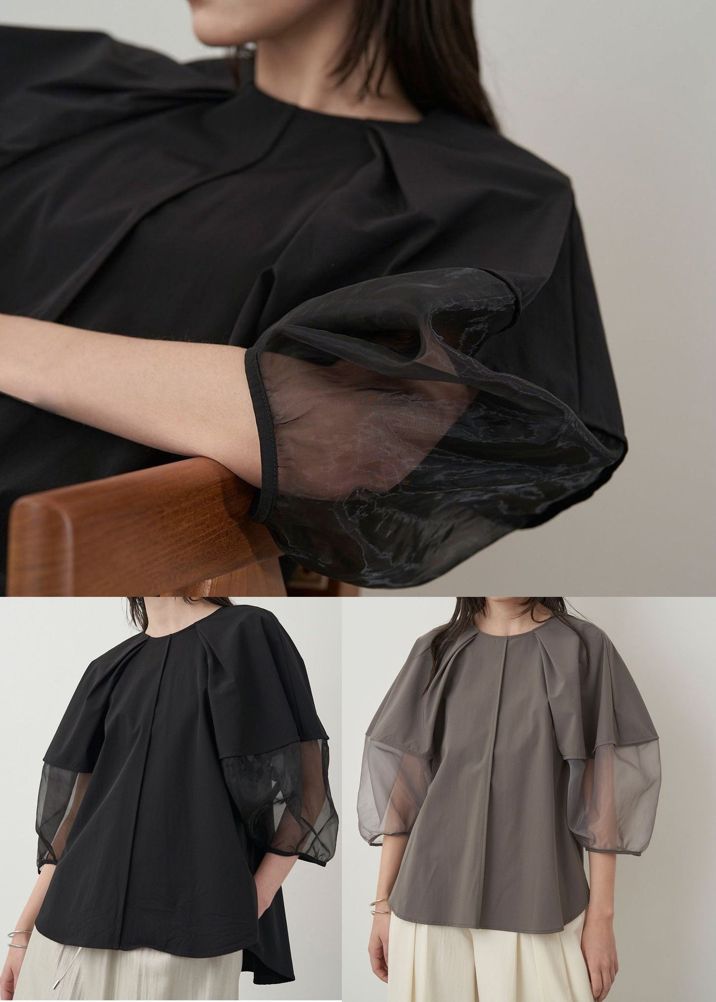 Italian Grey Organza Tops Patchwork Sleeve Summer Puff Shirt FashionChic