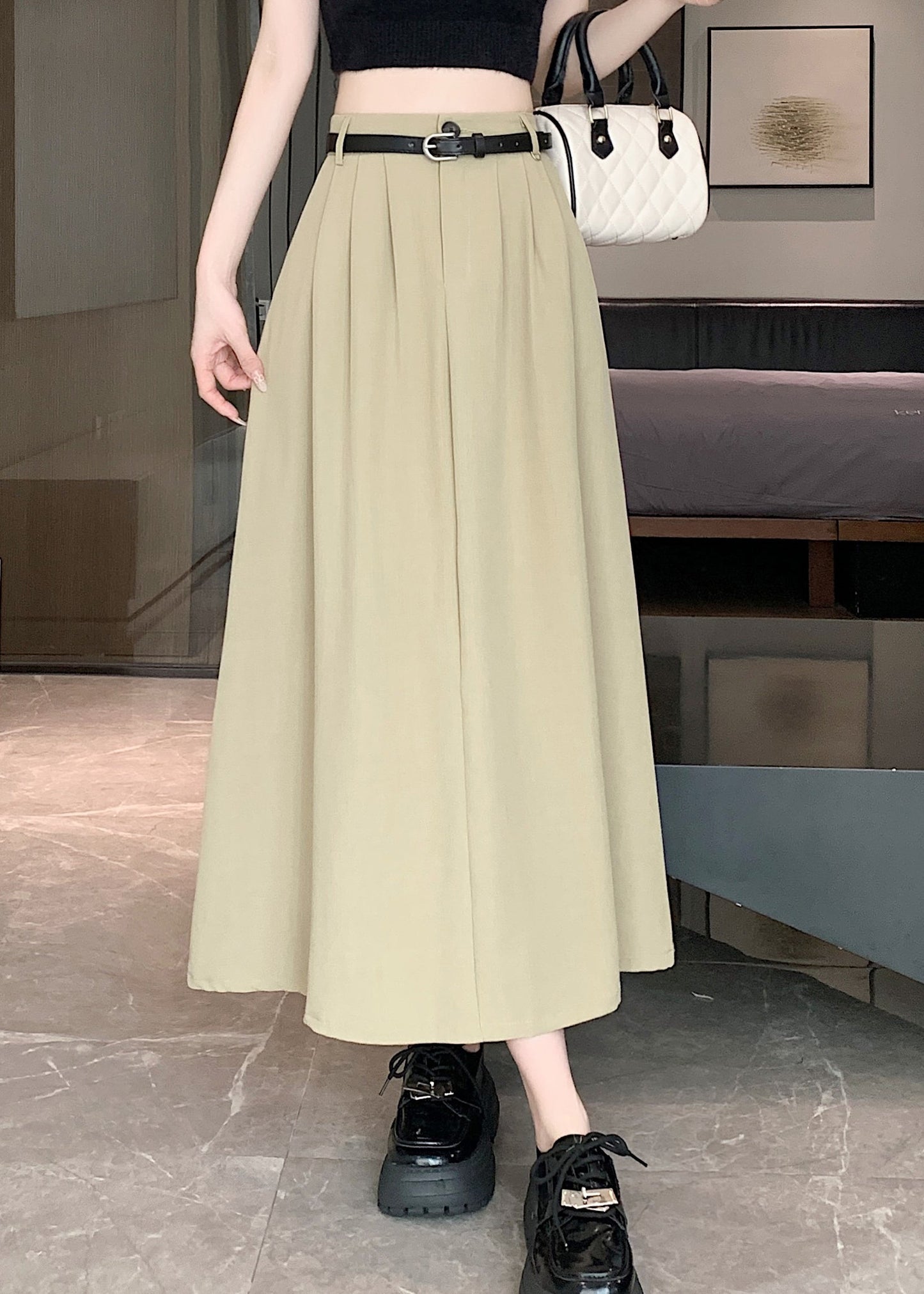 Italian Khaki Versatile High Waist Wrinkled Skirt Spring QQ1002 Ada Fashion