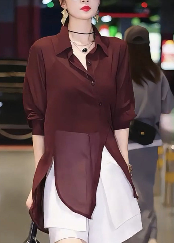 Shirts Patchwork Italian Chiffon Mulberry Asymmetrical Summer FashionChic