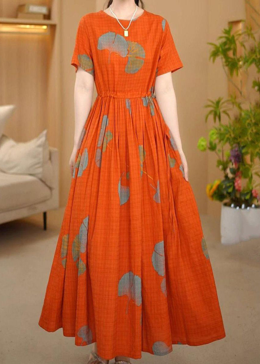 Orange Italian Cotton Summer Dresses Cinched Maxi Print FashionChic