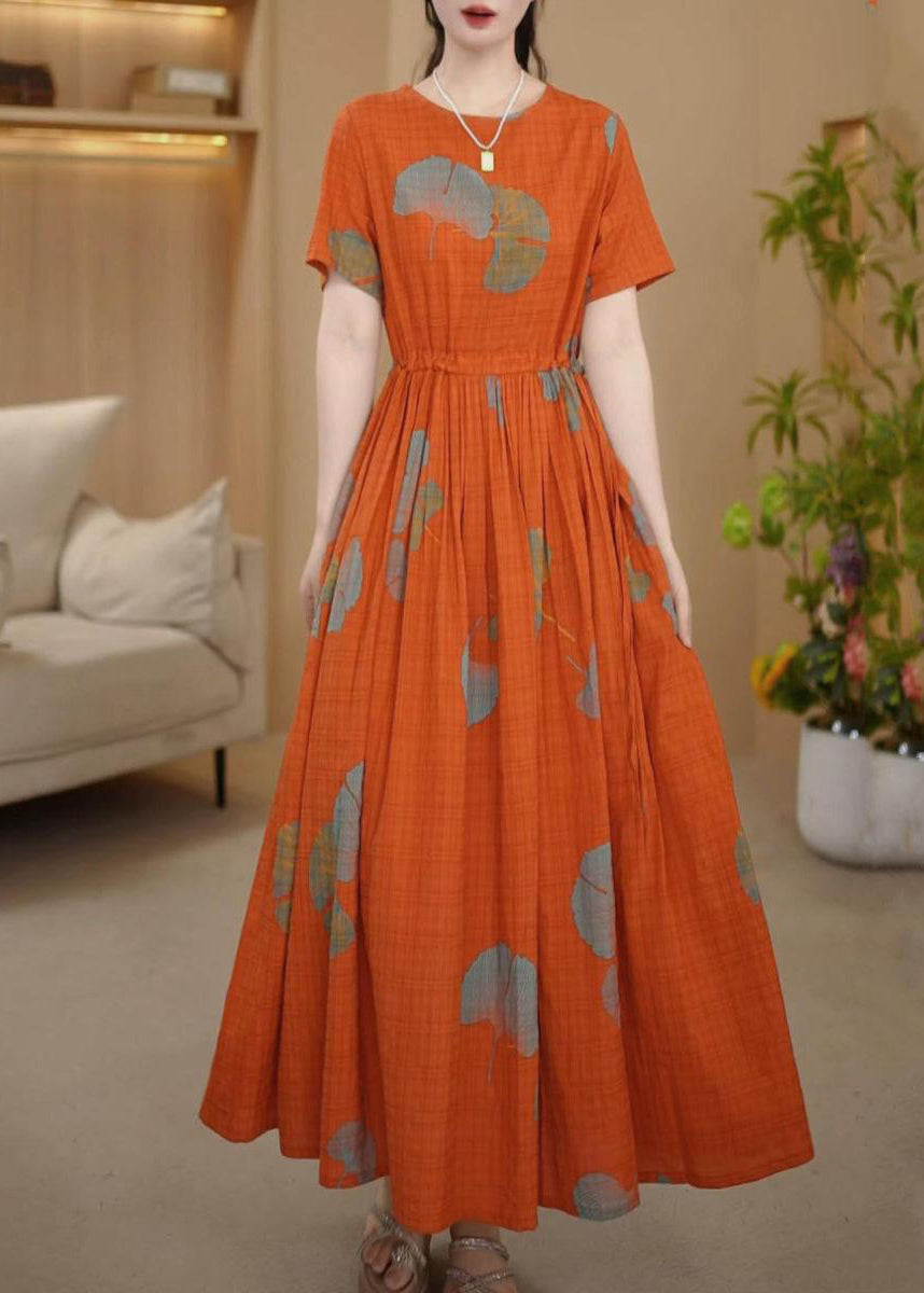 Orange Italian Cotton Summer Dresses Cinched Maxi Print FashionChic