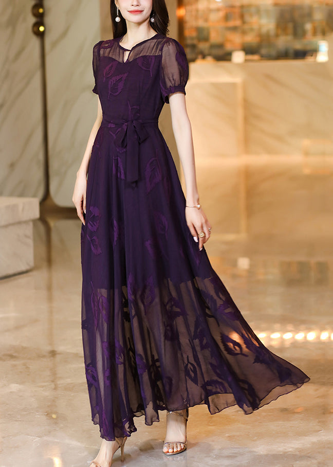 Italian Purple Embroidered Lace Up Chiffon Maxi Dress Summer XX073 SH-LF-SDL240611
