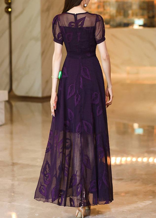 Italian Purple Embroidered Lace Up Chiffon Maxi Dress Summer XX073 SH-LF-SDL240611