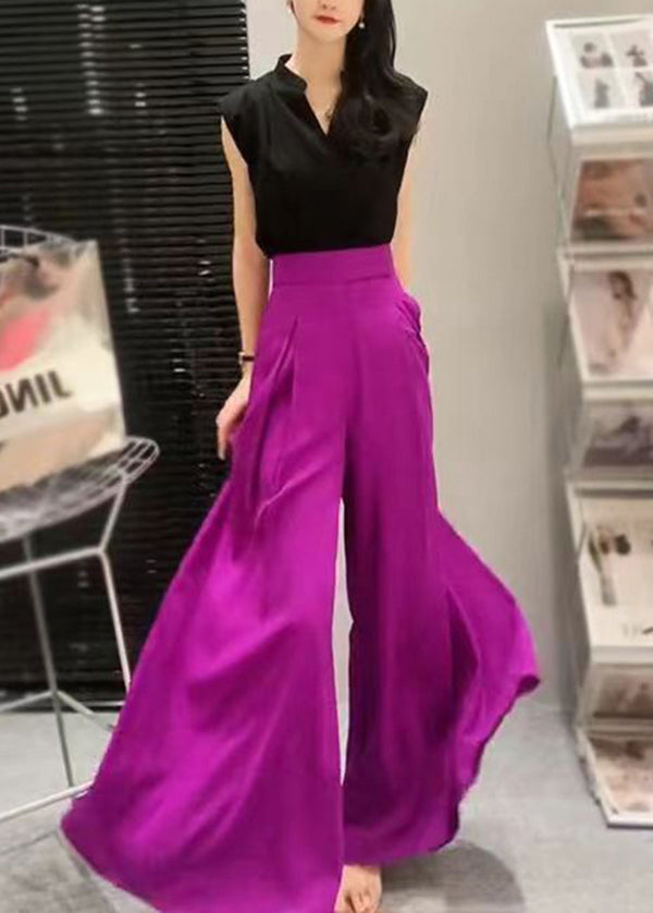 Italian Purple Pockets High Waist Chiffon Wide Leg Pants Summer QQ1044 Ada Fashion
