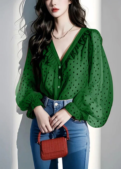 Italian Ruffled Spring V Purple Shirts Chiffon Dot Neck FashionChic