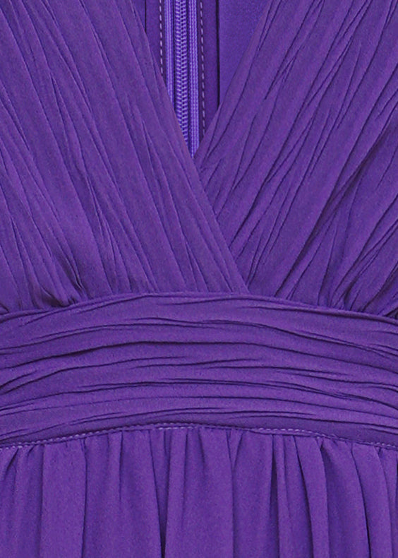 Italian Purple V Neck Wrinkled Chiffon Maxi Dresses Fall QR042 OM-ZS240929