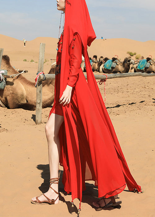 Maxi Dress Fall Tasseled V Chiffon Neck Italian Red Bead Nail FashionChic