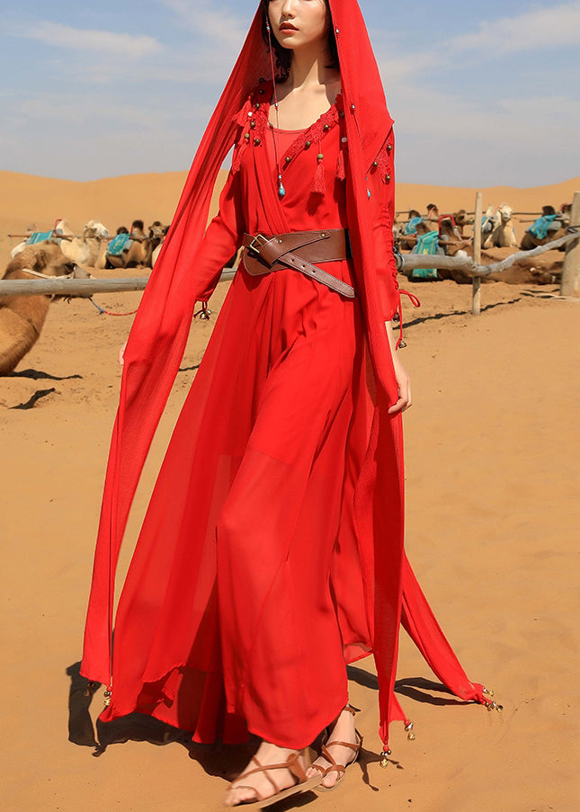 Maxi Dress Fall Tasseled V Chiffon Neck Italian Red Bead Nail FashionChic