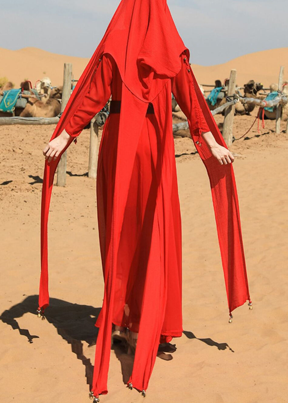 Maxi Dress Fall Tasseled V Chiffon Neck Italian Red Bead Nail FashionChic