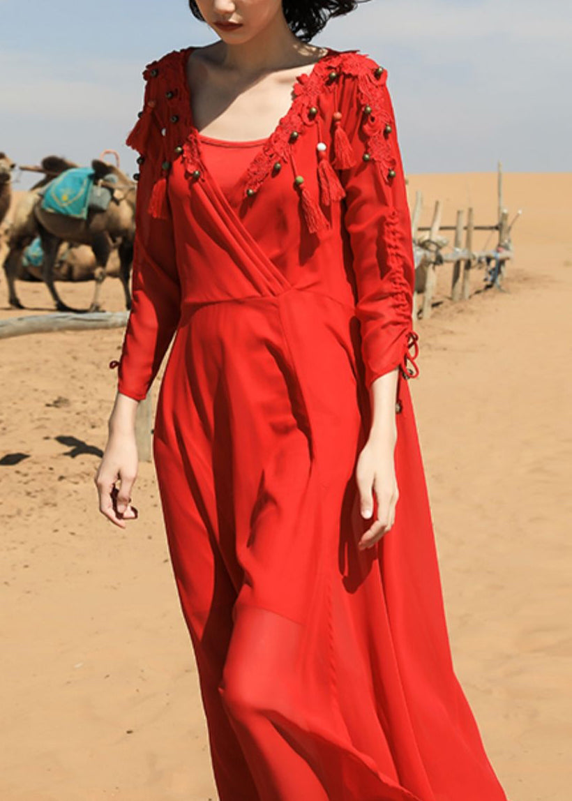 Maxi Dress Fall Tasseled V Chiffon Neck Italian Red Bead Nail FashionChic