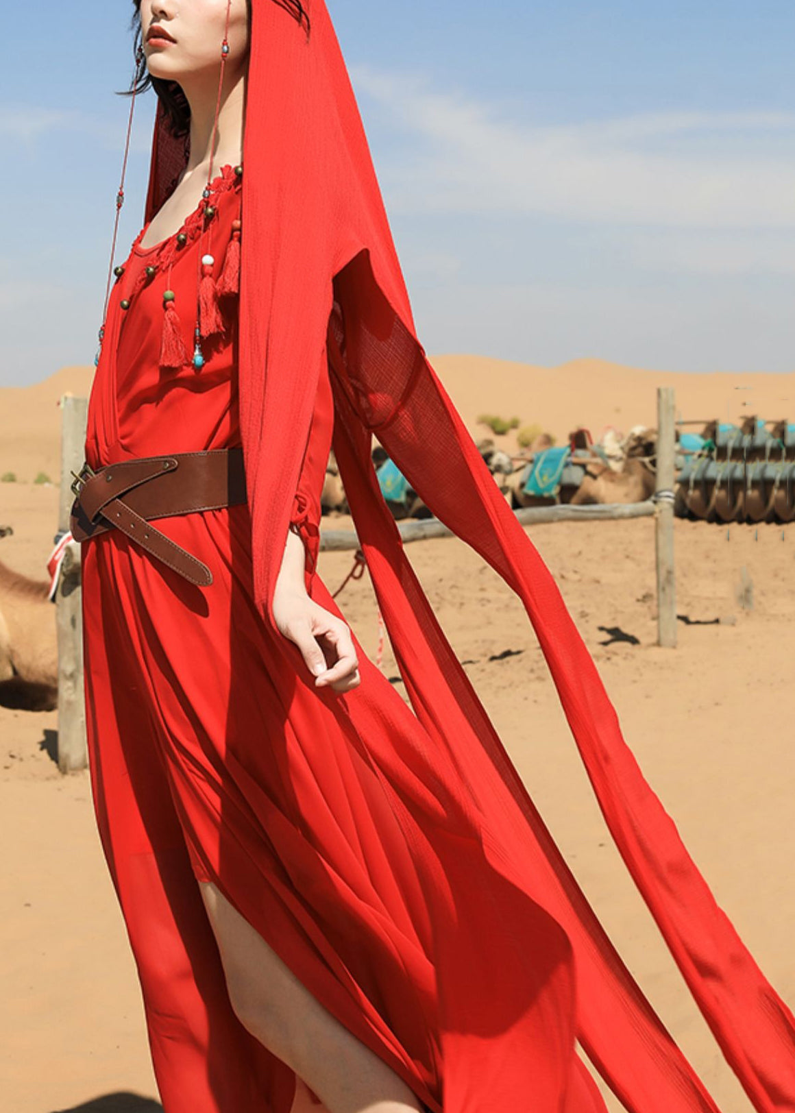 Maxi Dress Fall Tasseled V Chiffon Neck Italian Red Bead Nail FashionChic