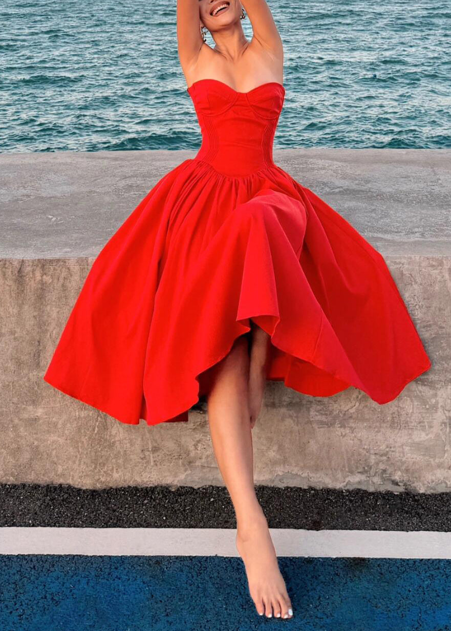 Cotton Patchwork Strapless Italian Wrinkled Summer Red Dress FashionChic
