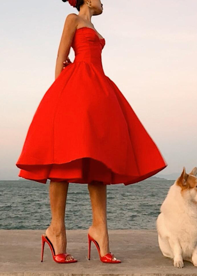 Cotton Patchwork Strapless Italian Wrinkled Summer Red Dress FashionChic