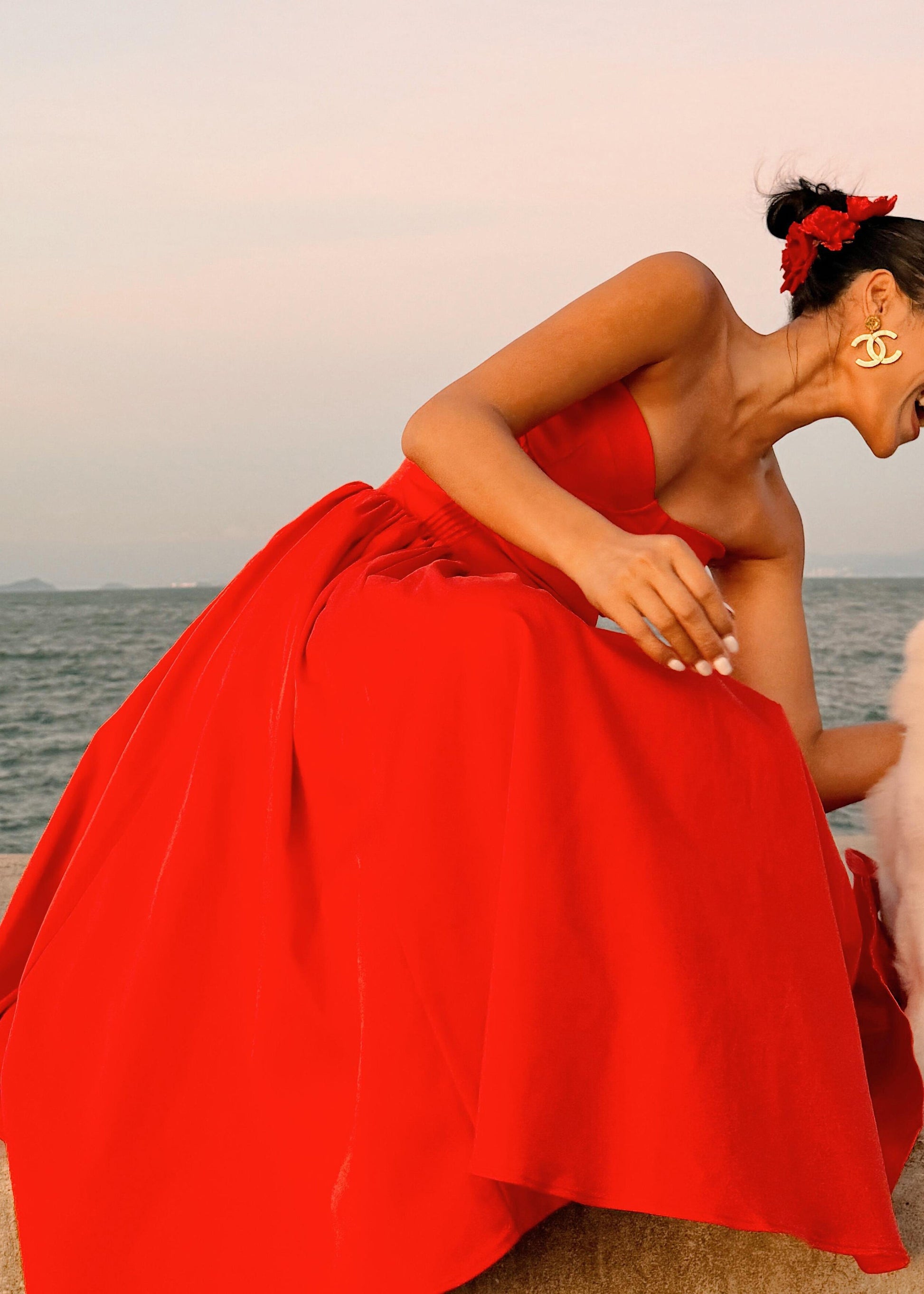 Cotton Patchwork Strapless Italian Wrinkled Summer Red Dress FashionChic