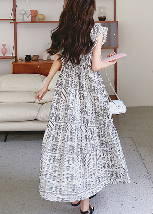 Cotton Long Summer Print Dresses Italian Neck V FashionChic