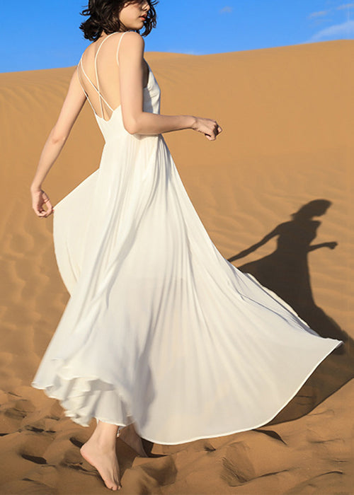 Wrinkled Backless White Dress Spaghetti Italian Chiffon Strap FashionChic