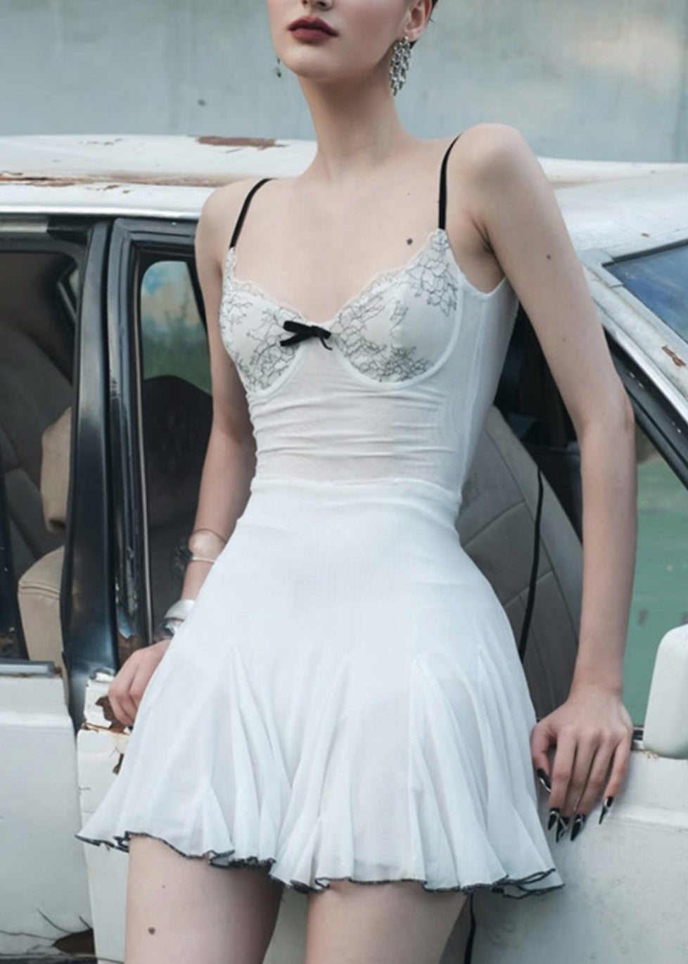 Dress Stand Italian Spaghetti Mid Tulle Strap Collar White FashionChic