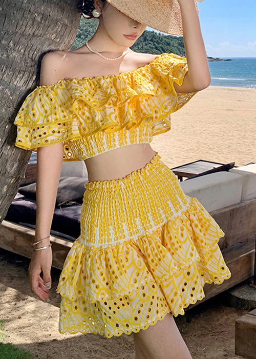 Italian Yellow Slash Neck Hollow Out Cotton 2 Piece Outfit Summer EE1046 SH-LF-TPIEC240517