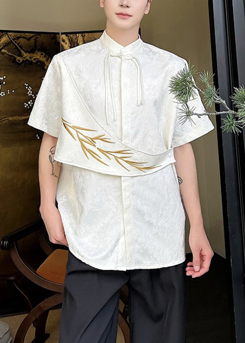 Apricot Embroideried Shirts Cotton Chinese Mens Jacquard Button FashionChic