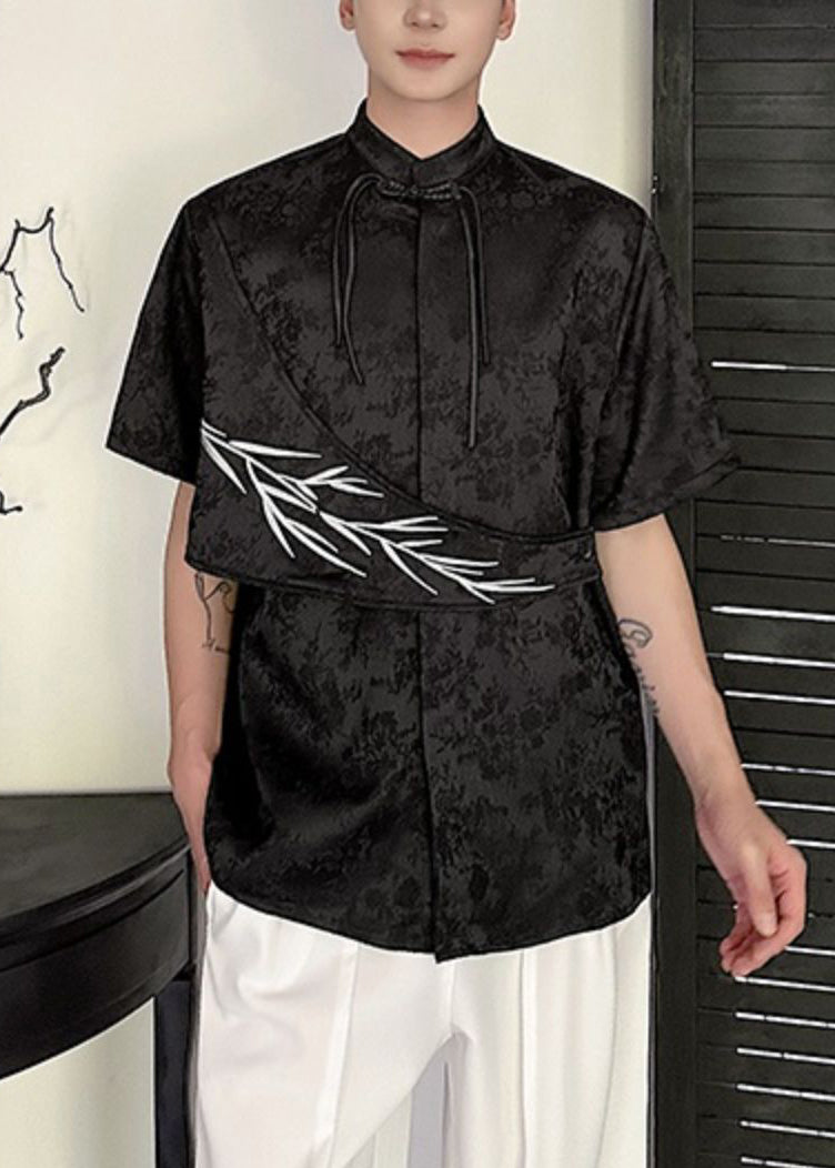 Apricot Embroideried Shirts Cotton Chinese Mens Jacquard Button FashionChic