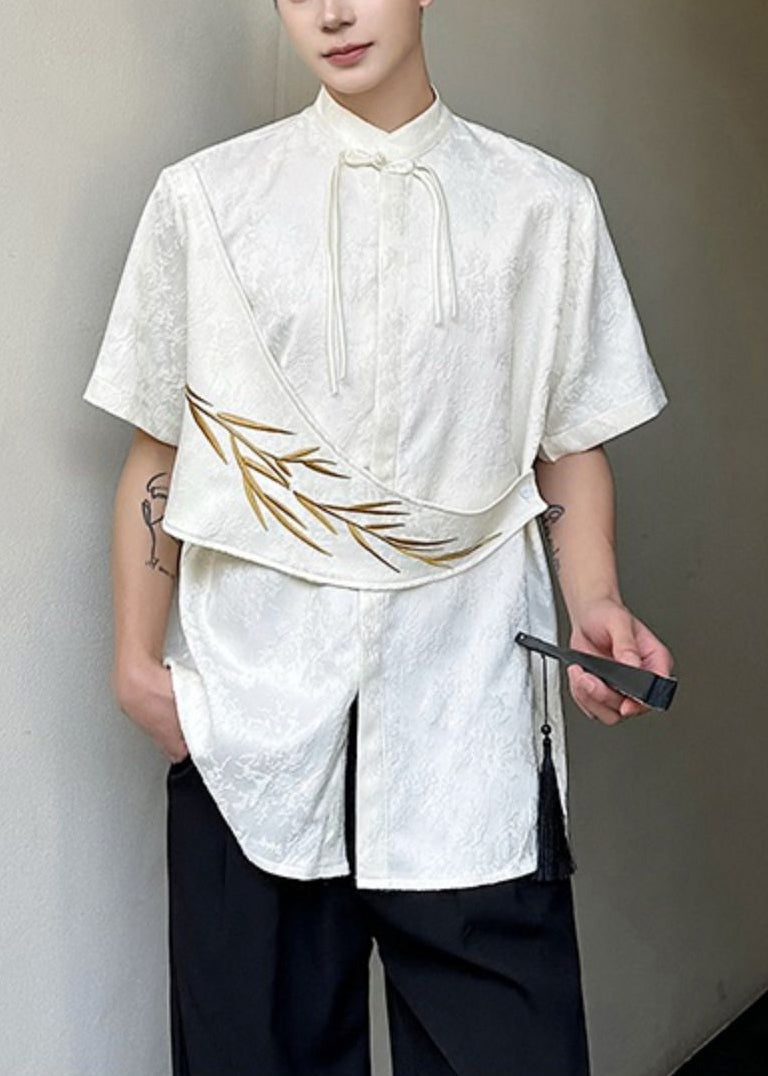 Apricot Embroideried Shirts Cotton Chinese Mens Jacquard Button FashionChic