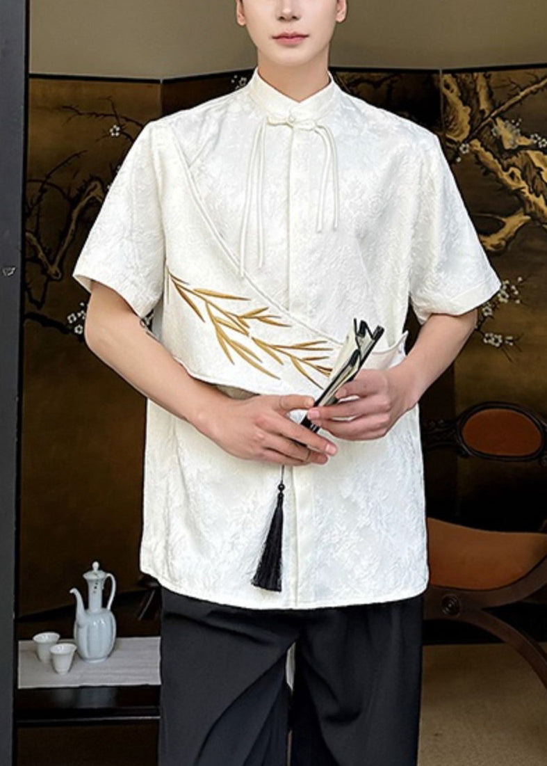 Apricot Embroideried Shirts Cotton Chinese Mens Jacquard Button FashionChic