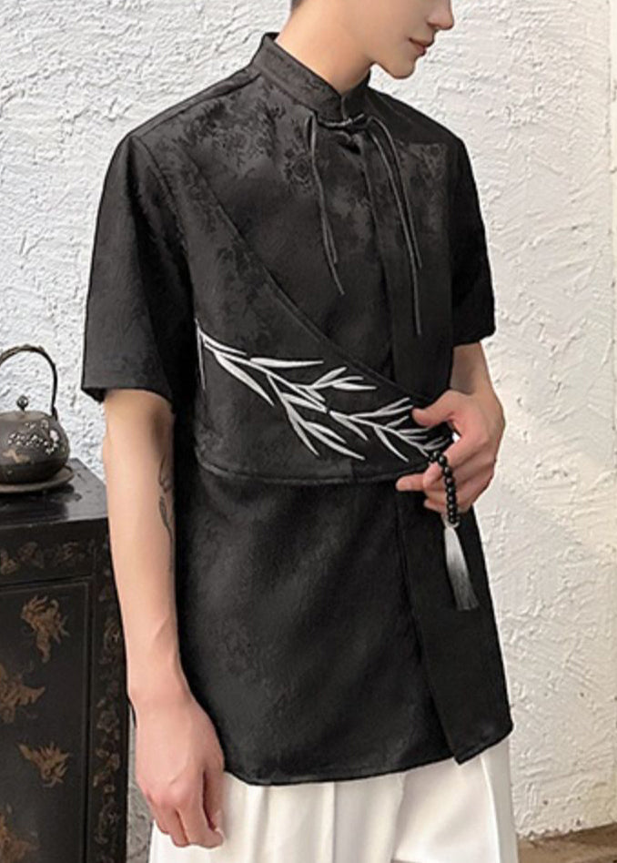 Apricot Embroideried Shirts Cotton Chinese Mens Jacquard Button FashionChic