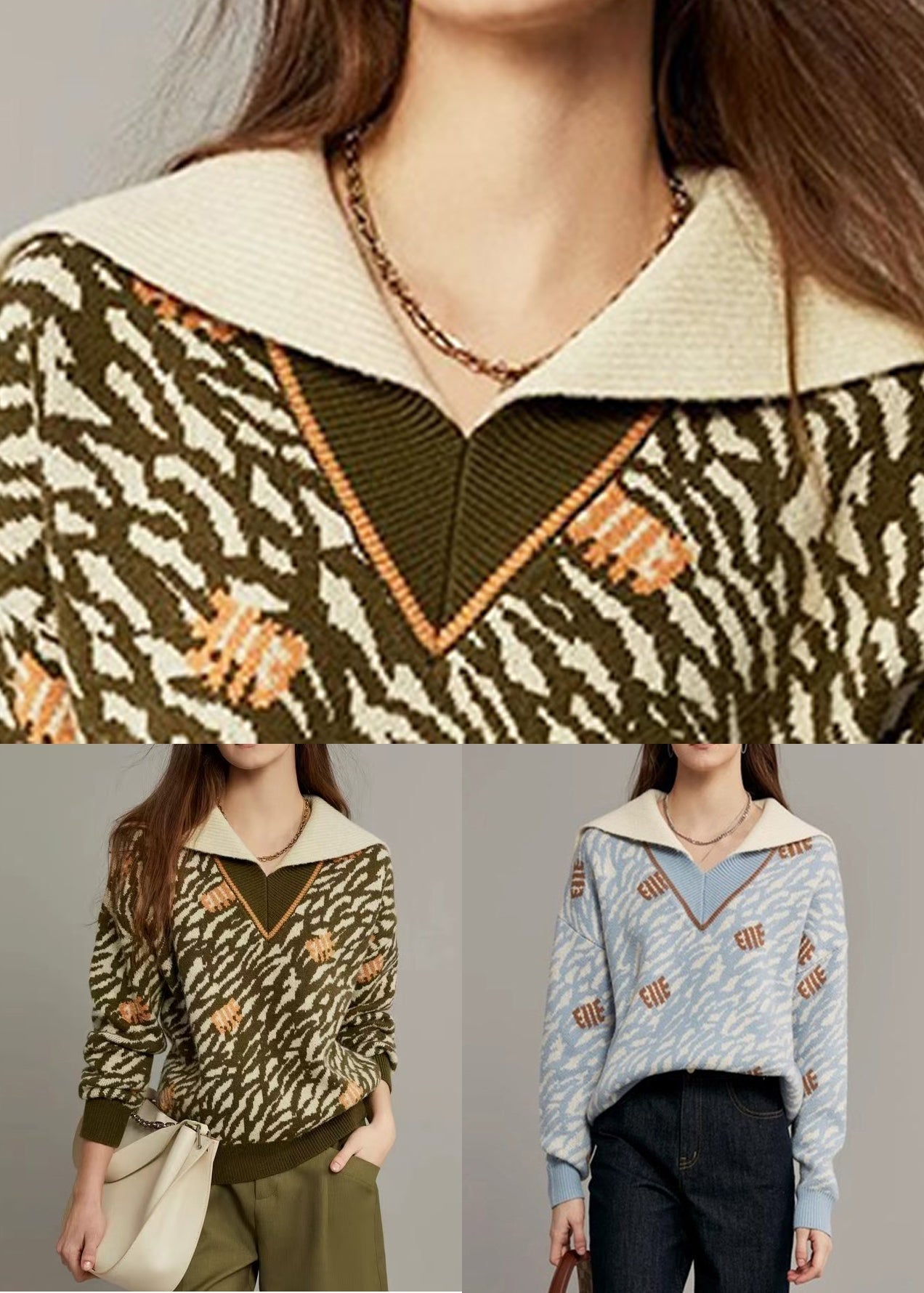 Jacquard Army Green Sailor Collar Cozy Knit Sweater Winter WK006 OM-SW241119