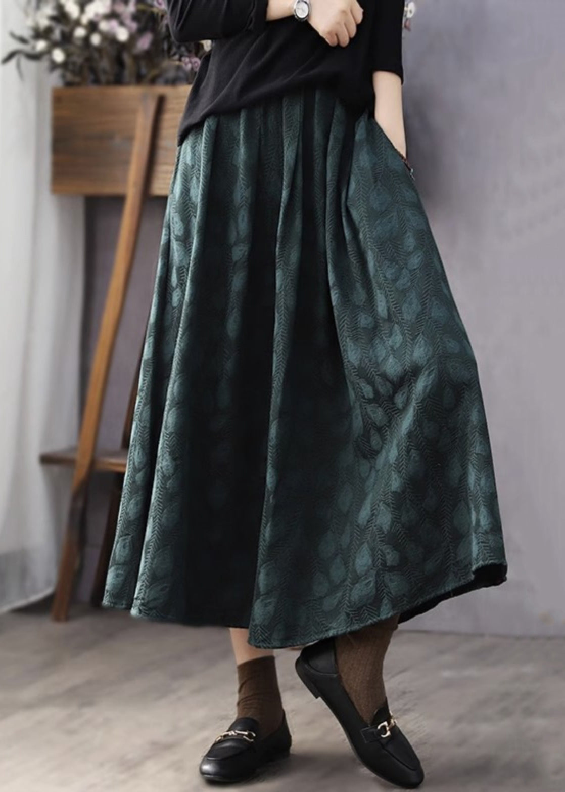 Jacquard Black Pockets Elastic Waist Cotton Skirt Fall RE046 MZF-SKTS240807