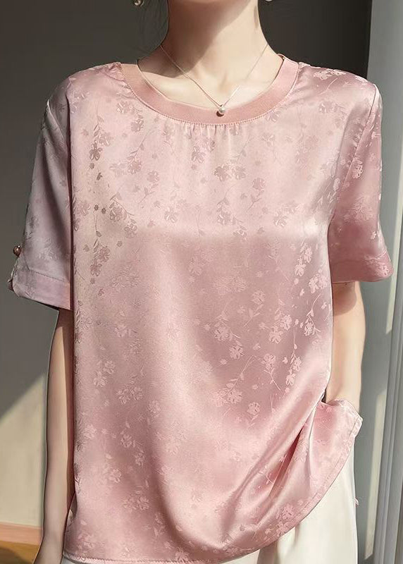 Shirt T Silk Jacquard Summer Side Open Neck O Pink FashionChic