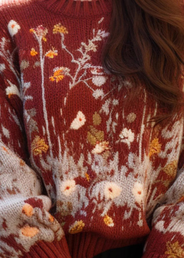 Jacquard Red O-Neck Cozy Loose Knit Sweater Winter WM019 ABC