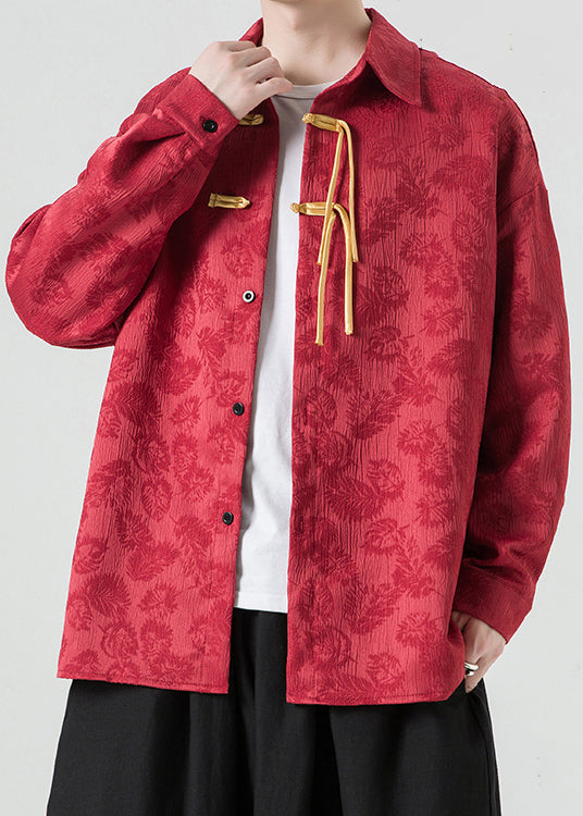 Jacquard Red Peter Pan Collar Button Warm Fleece Shirt Men Winter WJ027 MENLTP241119