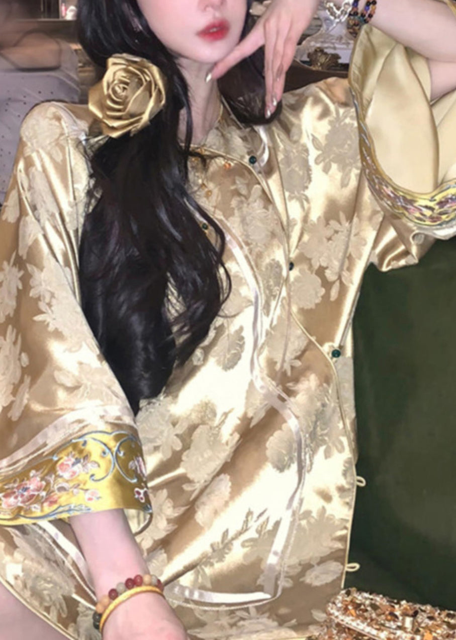 Jacquard Yellow V Neck Embroidered Button Silk Coats Spring UU1044 SH-LF-CTS240526