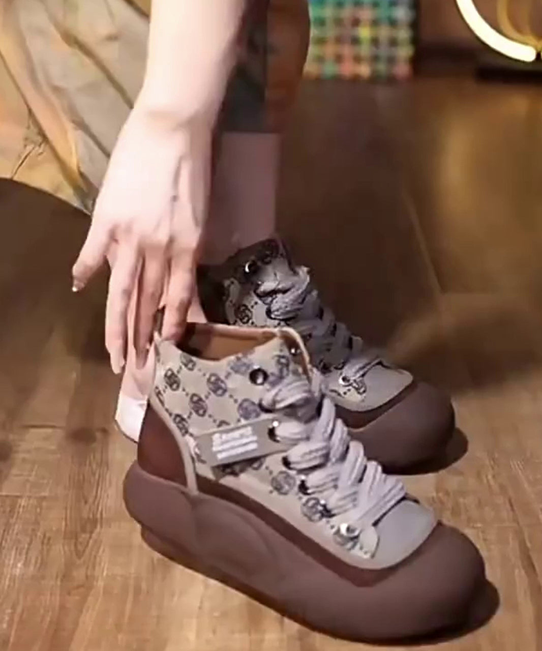 Khaki Casual Canvas Platform Flats Shoes Cross Strap XC1048 Ada Fashion