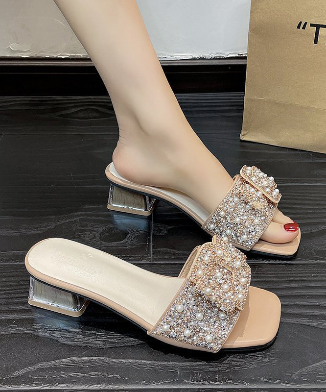 Khaki Chunky Heel Slide Sandals Boutique Zircon Nail Bead RT1022 Ada Fashion