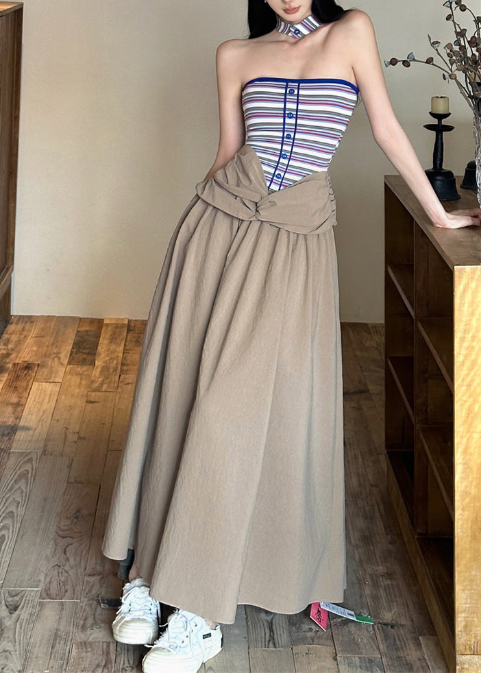 Cold Dresses Khaki Sleeveless Shoulder Maxi Wrinkled FashionChic