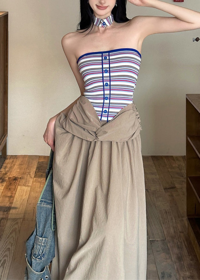 Cold Dresses Khaki Sleeveless Shoulder Maxi Wrinkled FashionChic