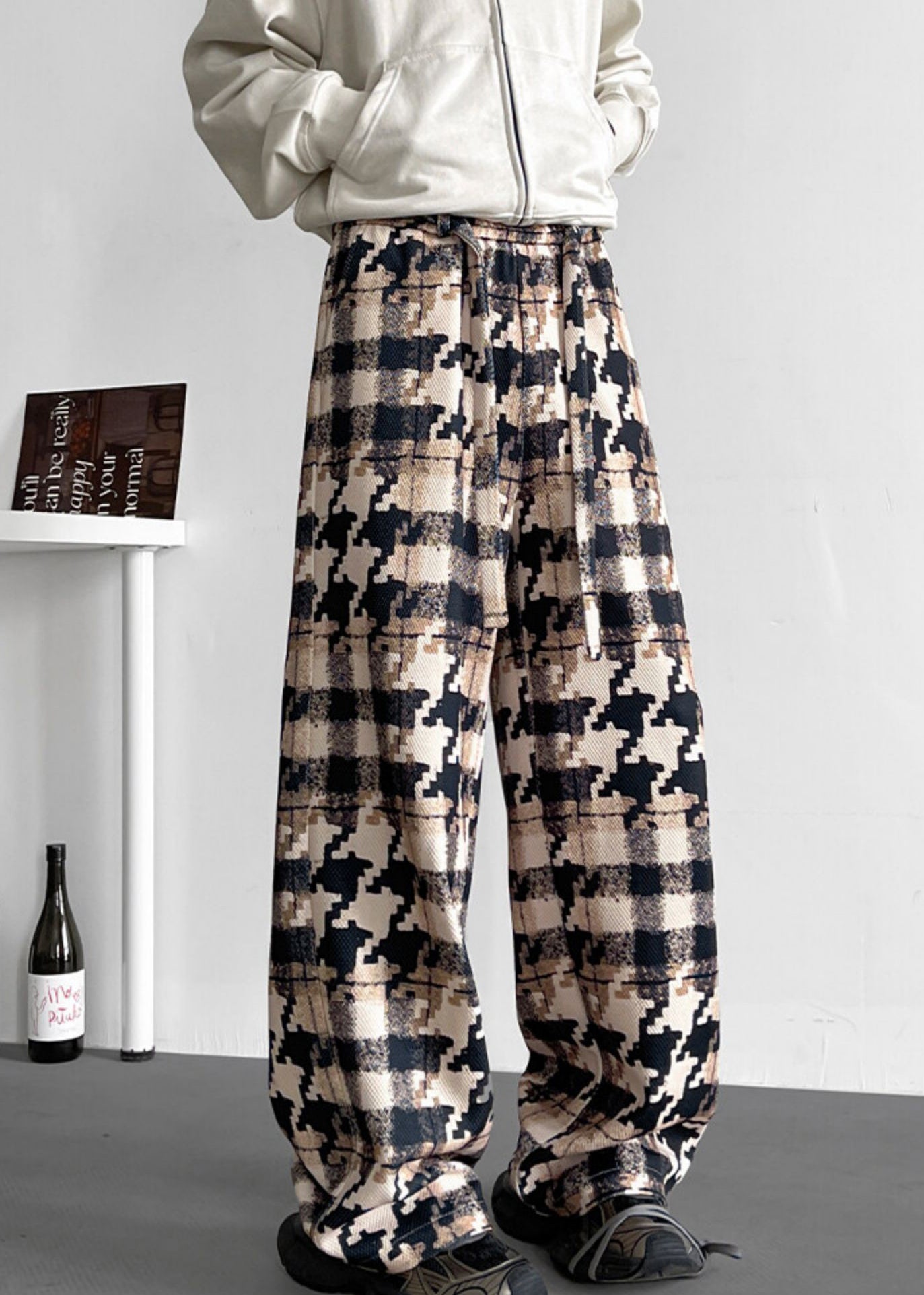 Elastic Waist Pockets Cotton Khaki Men Pants Plaid FashionChic