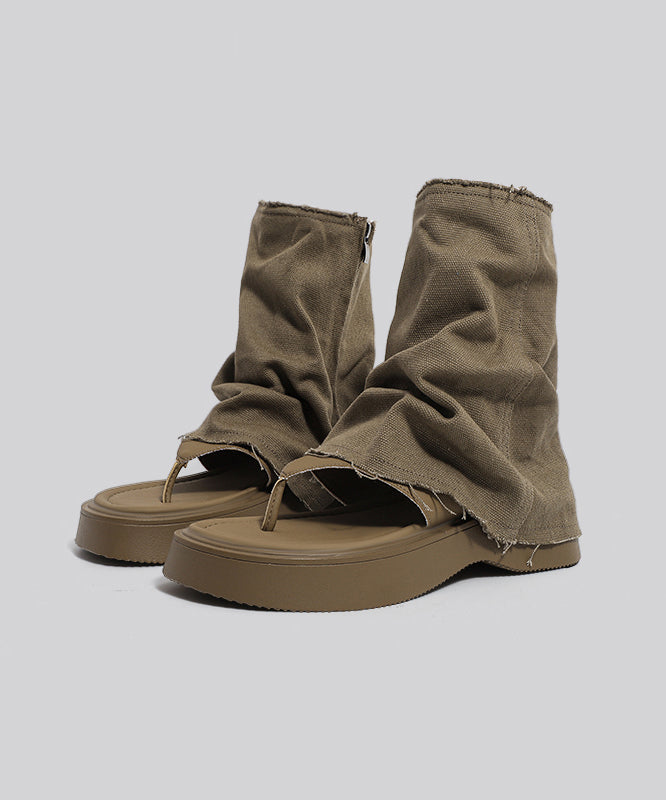 Khaki Platform Chic Hollow Out Denim Thong Sandals Boots OI056 shoe-XZ240801