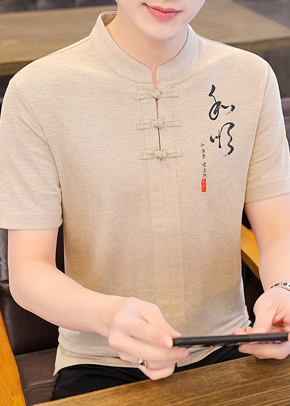 Khaki Stand Cotton Mens T Print Collar Shirt Button Summer FashionChic