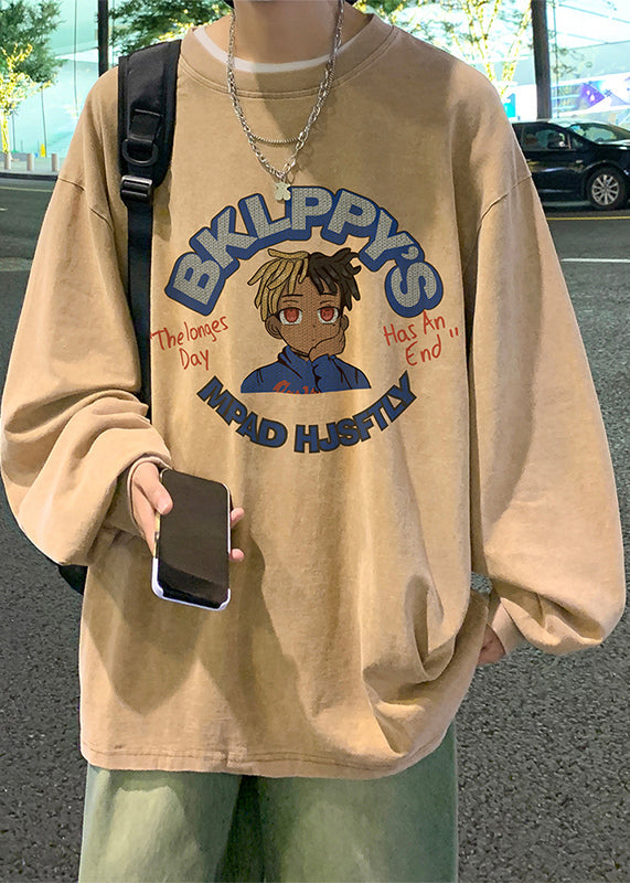 Shirts Khaki Cotton Loose Mens Neck Print Spring O T FashionChic