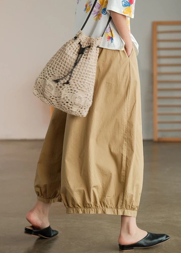 Khaki Solid Pockets Cotton Wide Leg Pants High Waist Summer VV078 HS-CPTS240627