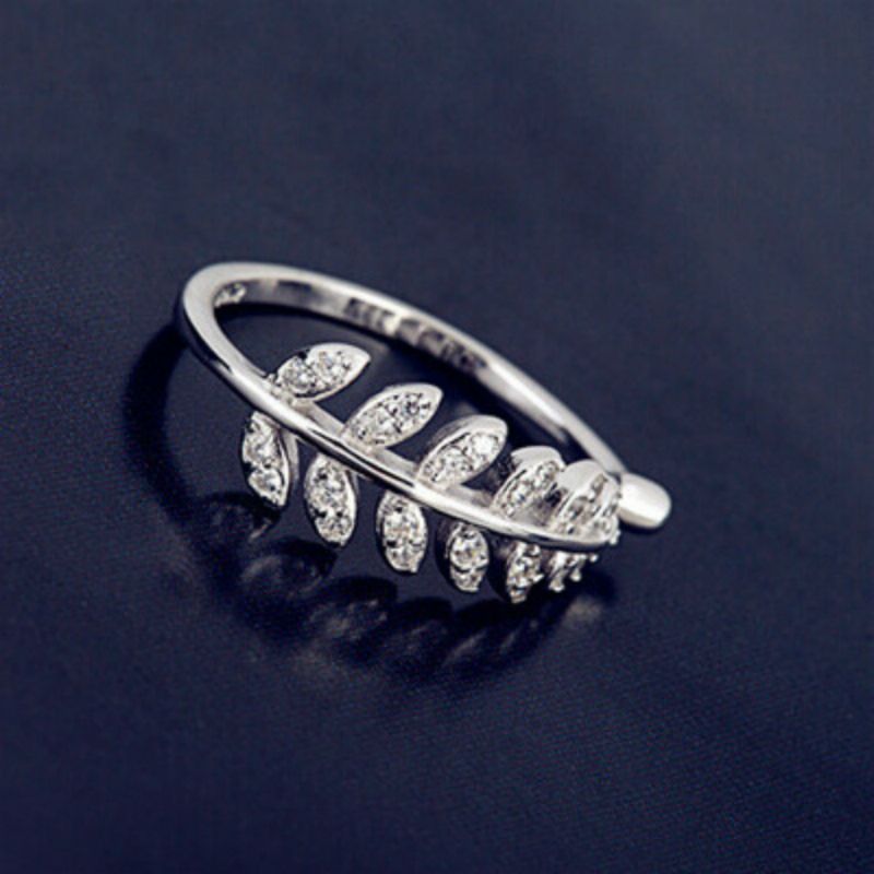 Sterling Silver Open Ring Rhinestone Leaf FashionChic