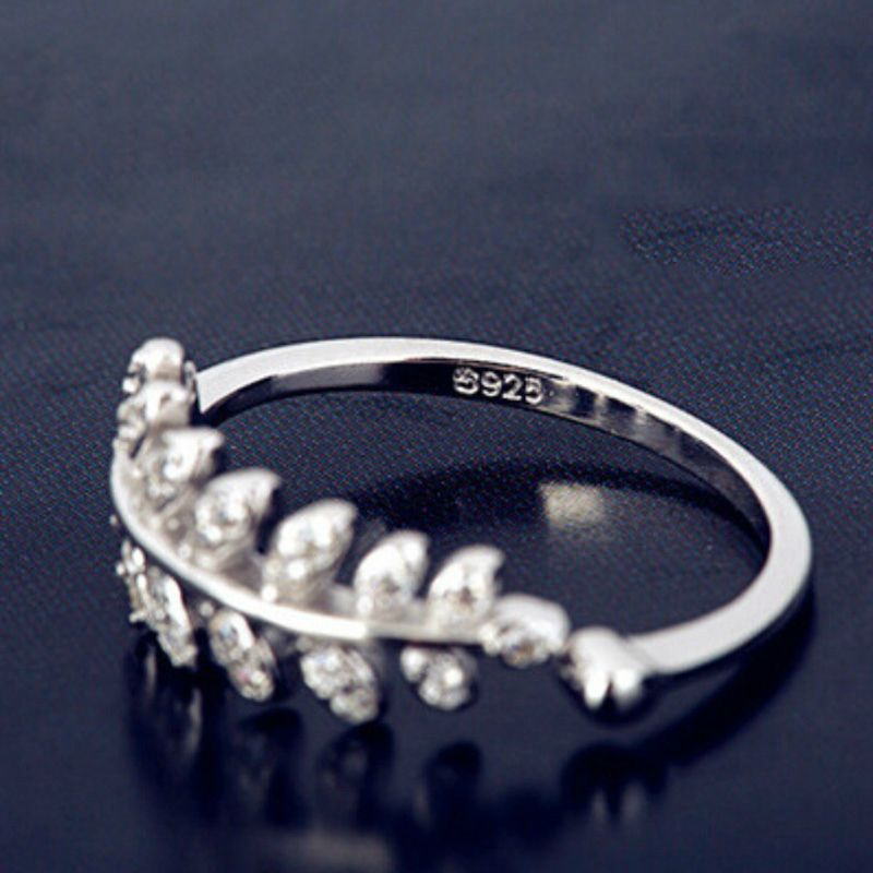 Sterling Silver Open Ring Rhinestone Leaf FashionChic