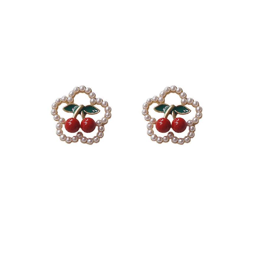 Earring Cherry / Clip Flower Faux Stud Pearl On FashionChic