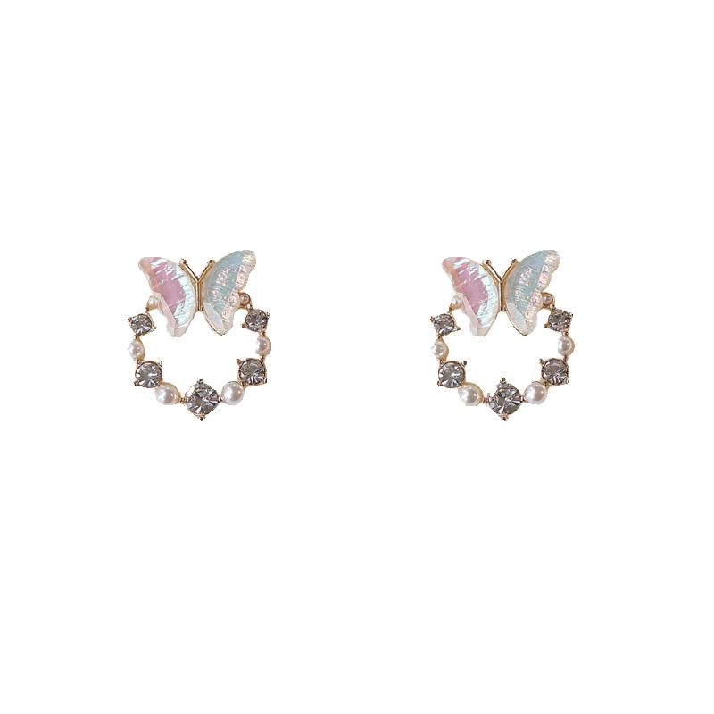 Rhinestone Faux Stud Alloy Pearl Butterfly Earring FashionChic